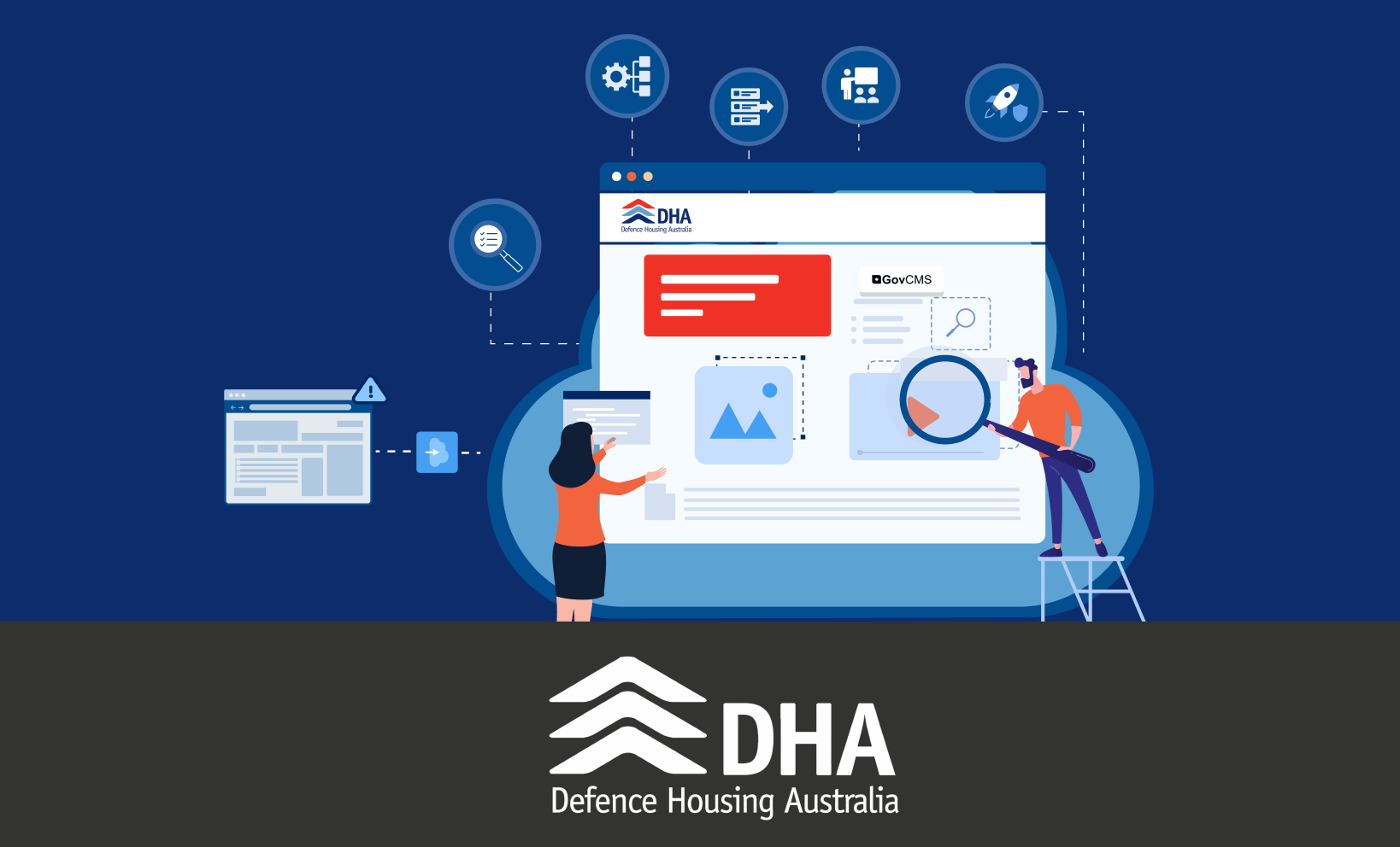 Illustration of two people building and reviewing the Defence Housing Australia website on GovCMS, surrounded by icons for settings, workflow and search, with the Defence Housing Australia logo