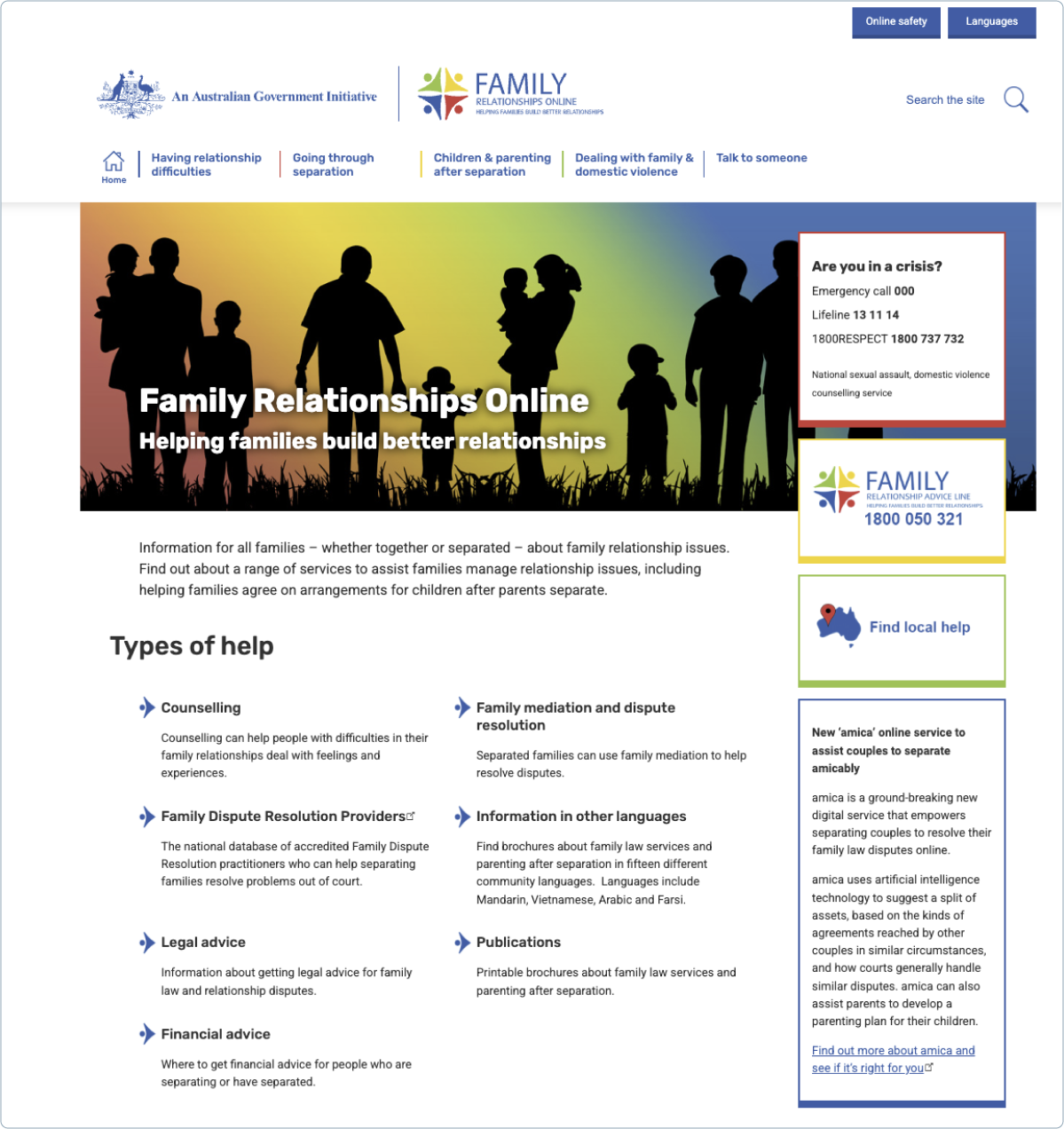 Homepage of the Family Relationships Online website, showing a hero banner with silhouettes of families, a "Types of help" section listing counselling, mediation, legal and financial advice, and sidebar panels for crisis support, the Family Relationship Advice Line, finding local help, and the amica online dispute resolution service