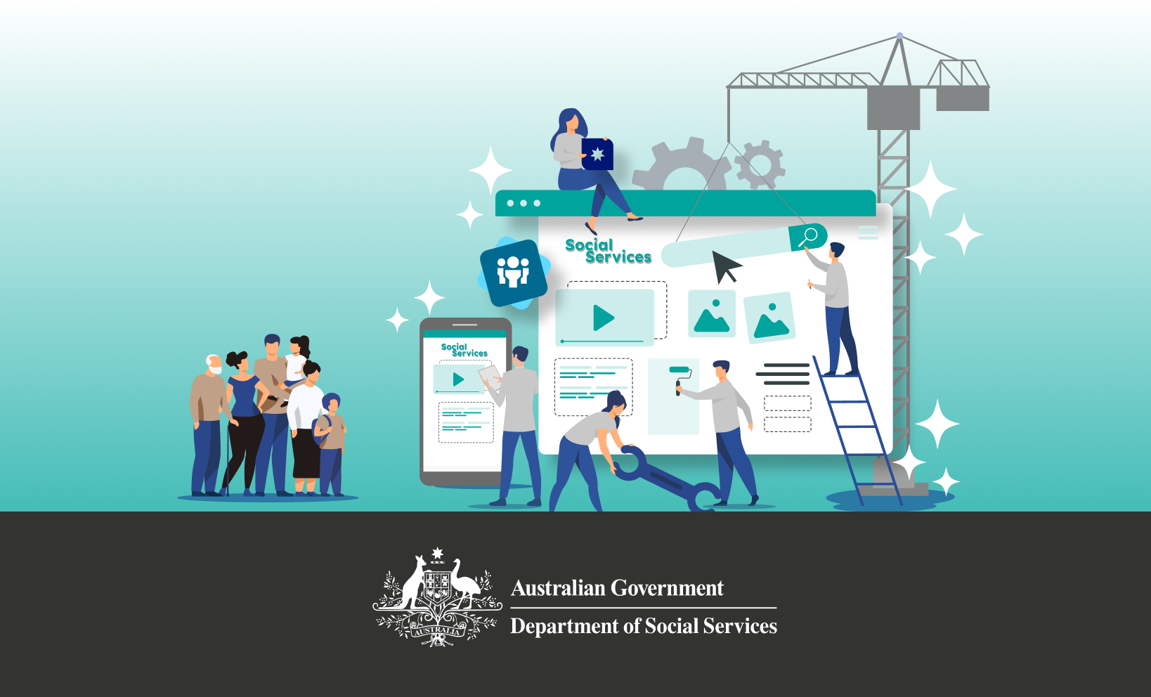 Illustration of people building and reviewing a Social Services website on desktop and mobile screens, with a family group alongside, and the Department of Social Services logo