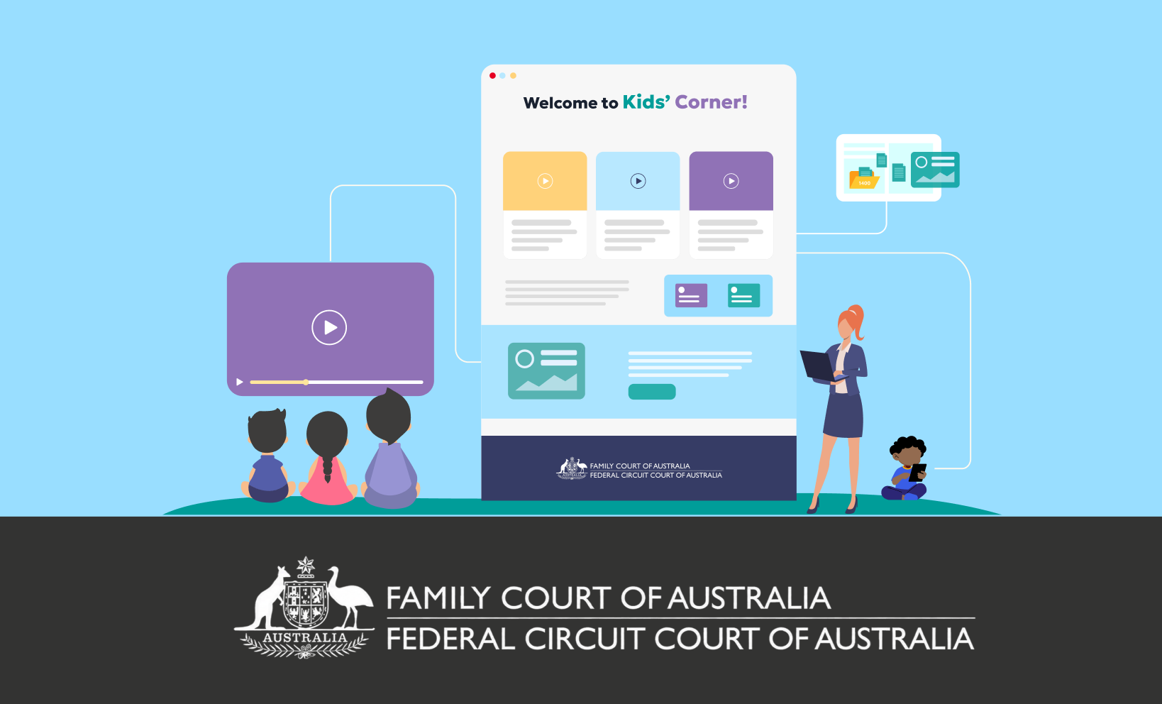 Illustration of three children watching a video beside a Welcome to Kids' Corner website mockup, with a woman and child using a tablet, and the Family Court of Australia and Federal Circuit Court of Australia logos