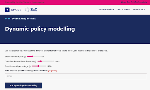 Dynamic policy modelling webform with sliders for excise rate multiplier, container refund rate and free threshold percentage, a total brewers field, and a Run dynamic policy modelling button