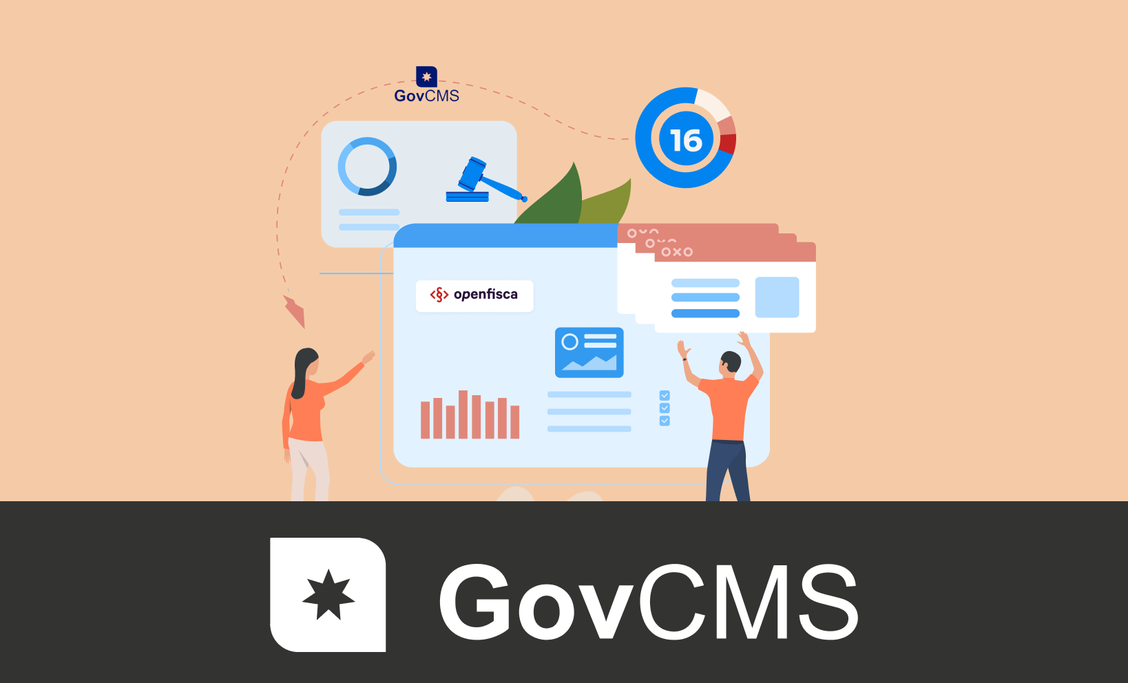 Illustration of two people interacting with an OpenFisca-linked dashboard and policy documents, with the GovCMS logo