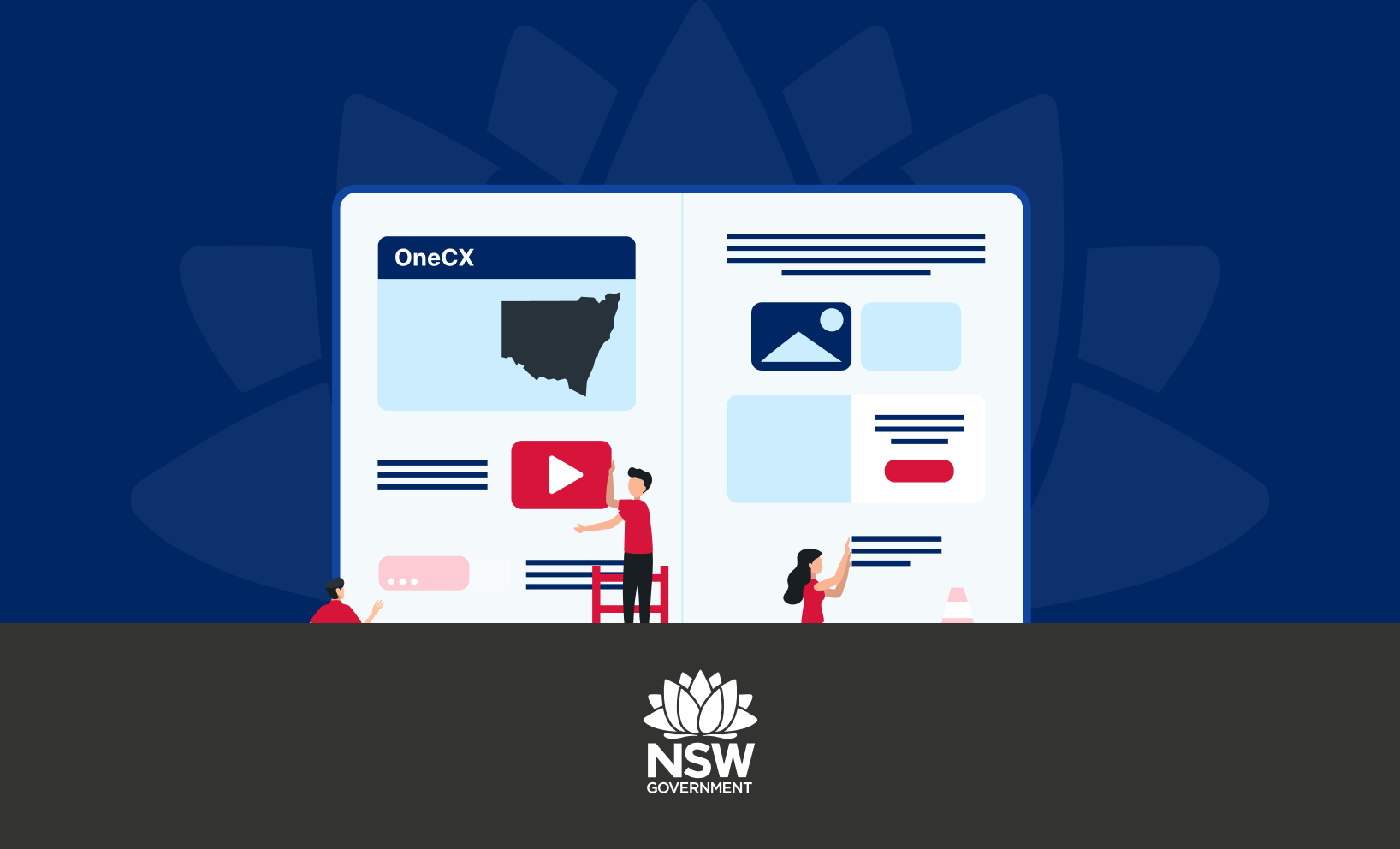 Illustration of two people building a OneCX website featuring a map of New South Wales, with the NSW Government logo