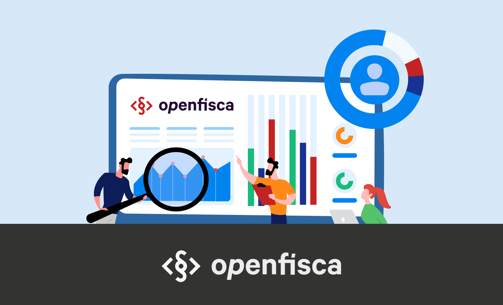 Illustration of three people analysing charts and graphs on an OpenFisca dashboard, with the OpenFisca logo