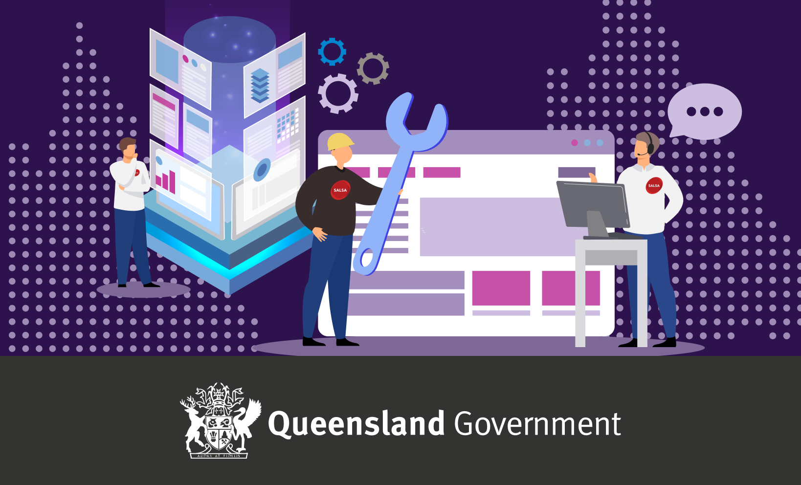 Illustration of two Salsa team members repairing and supporting a website, with a 3D data cube graphic and the Queensland Government logo