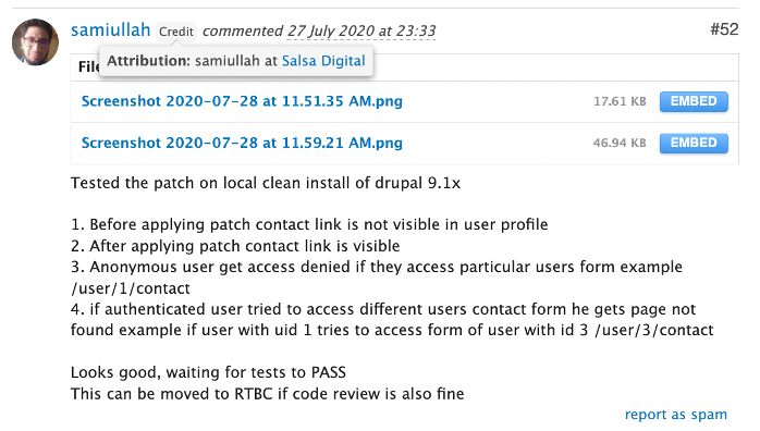 Good example of manual testing for Drupal core in 2020 by a Salsa contributor