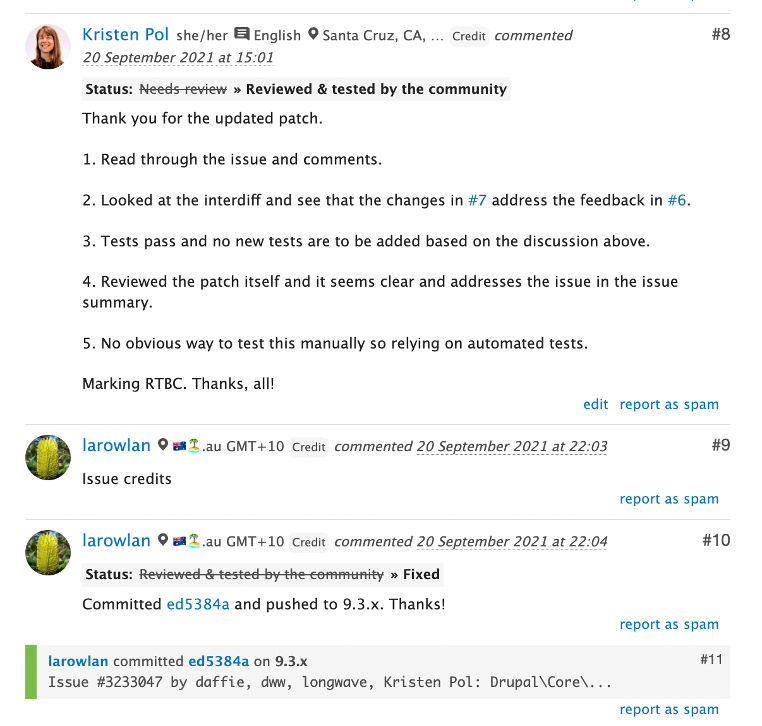 RTBC work by Kristen Pol on a Drupal core issue with the fix merged a few hours later