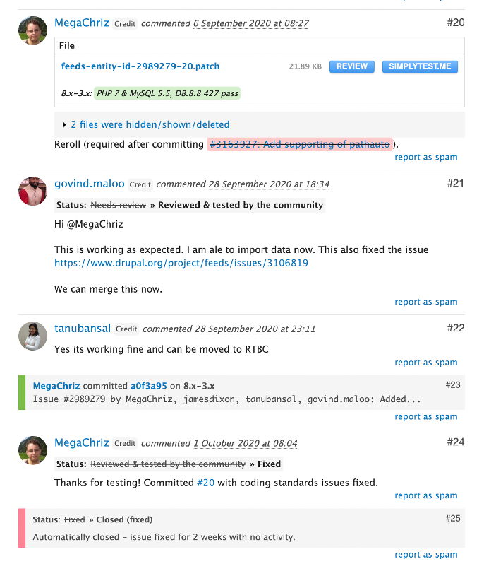 Successful collaboration of Salsa team members on a Feeds issue in 2020 that got merged
