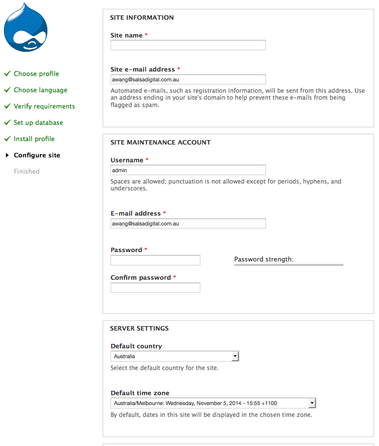 Drupal CMS - Configure site with pre-populate values