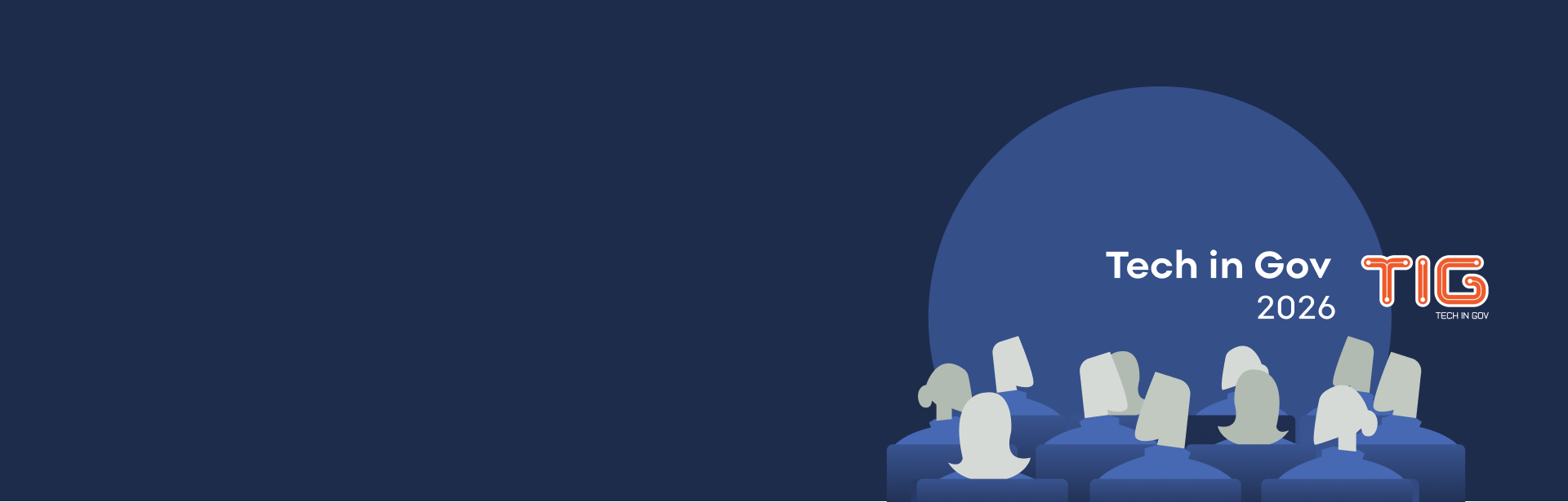Tech in Gov 2026 conference graphic with silhouettes of an audience facing a stage, the Tech in Gov (TIG) logo, and event branding on a blue background