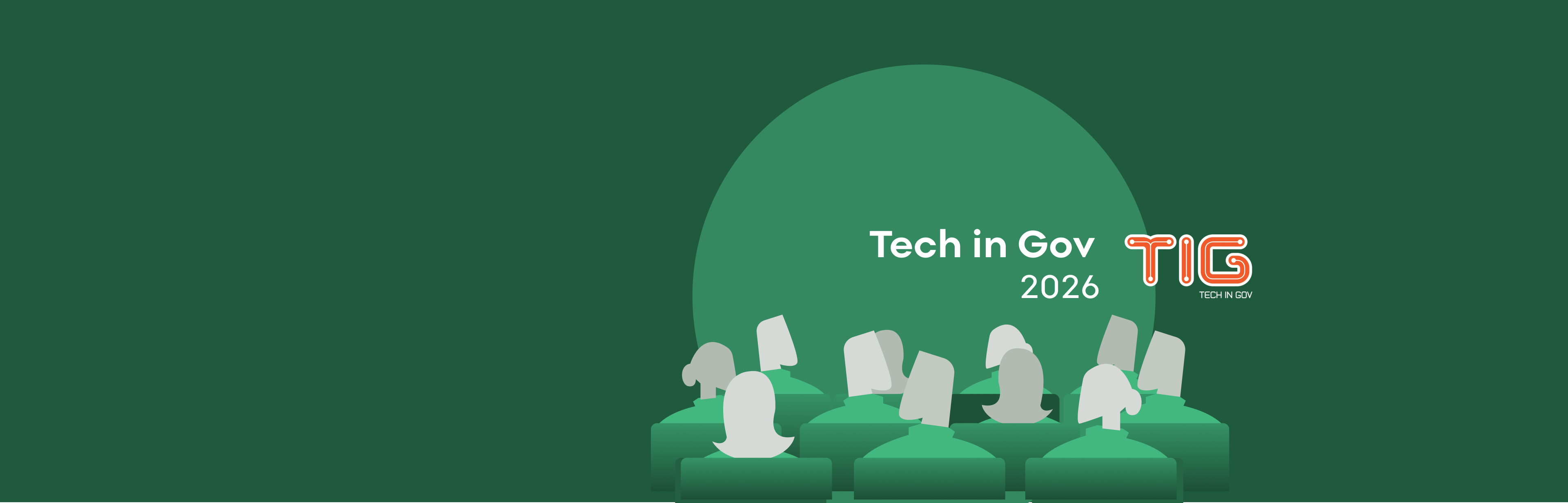 Tech in Gov 2026 conference graphic with silhouettes of an audience facing a stage, the Tech in Gov (TIG) logo, and event branding on a green background