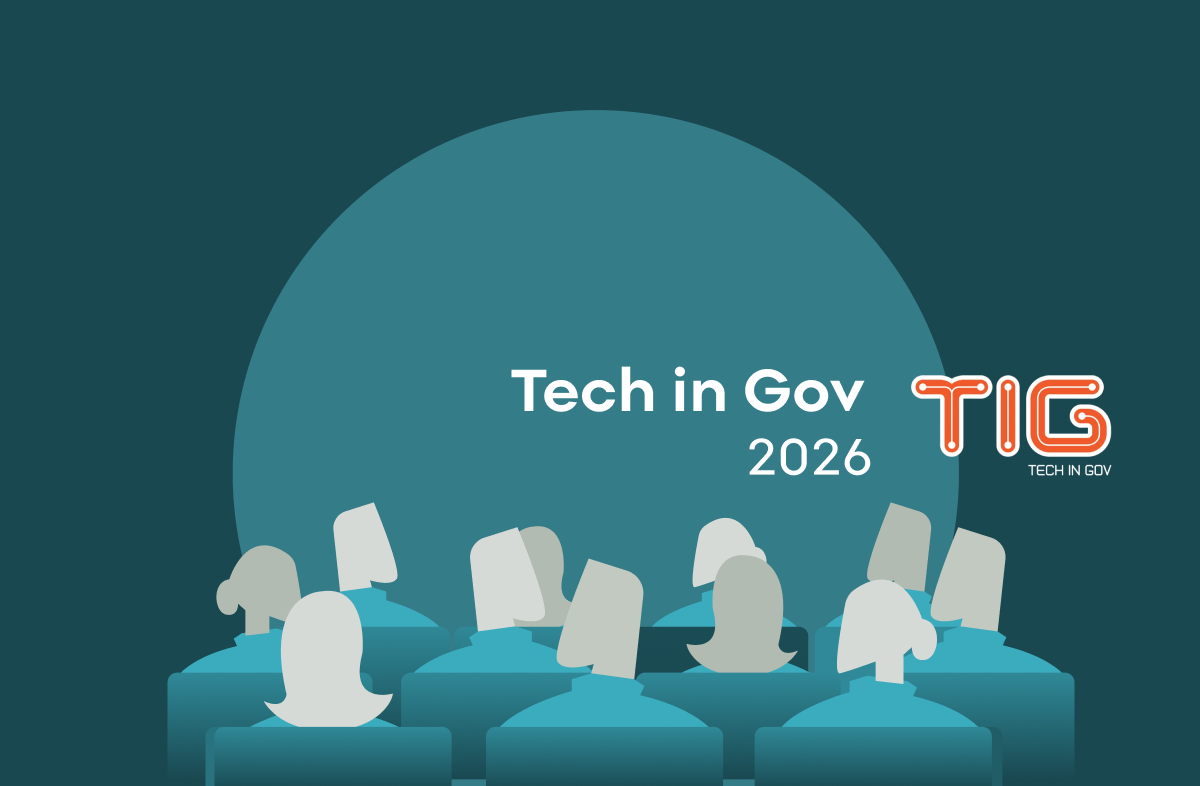 Tech in Gov 2026 conference graphic with silhouettes of an audience facing a stage, the Tech in Gov (TIG) logo, and event branding on a teal background