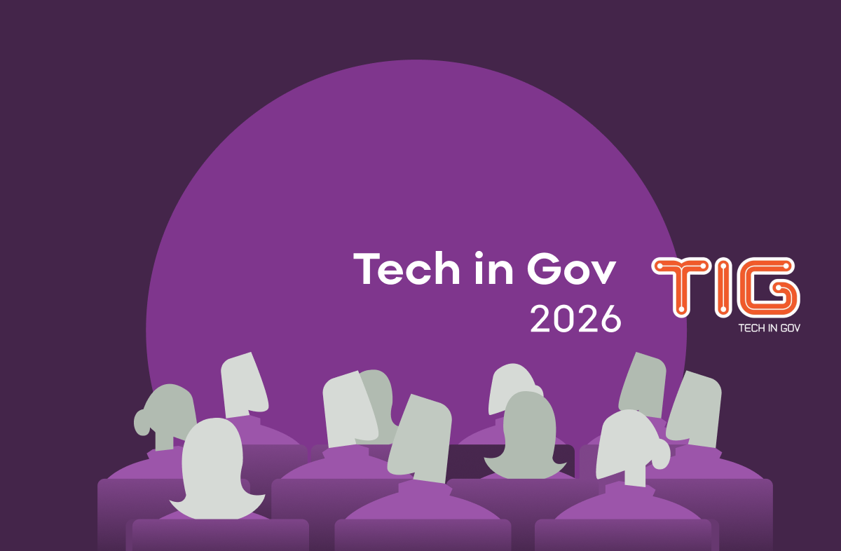 Tech in Gov 2026 conference graphic with silhouettes of an audience facing a stage, the Tech in Gov (TIG) logo, and event branding on a purple background