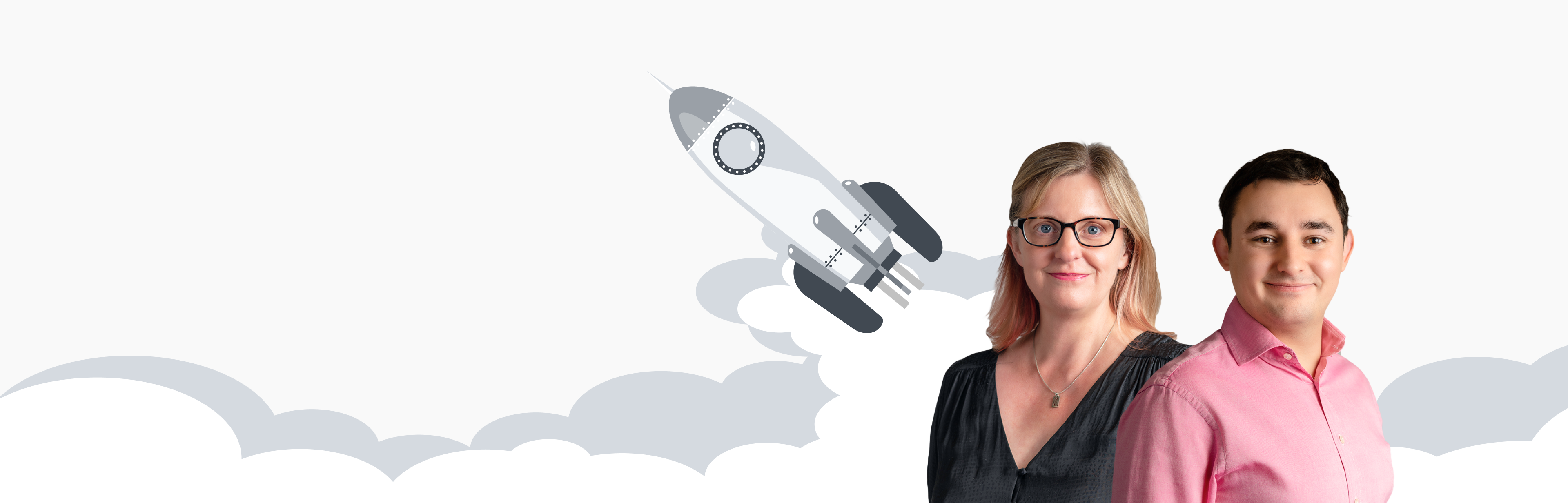 Two Salsa team members standing beside an illustration of a rocket launching through clouds