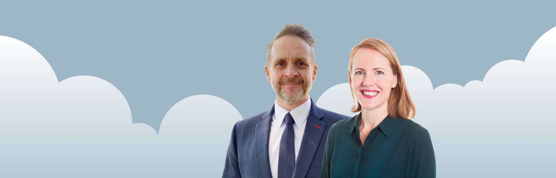Two Salsa Digital board members standing in front of an illustrated cloud background