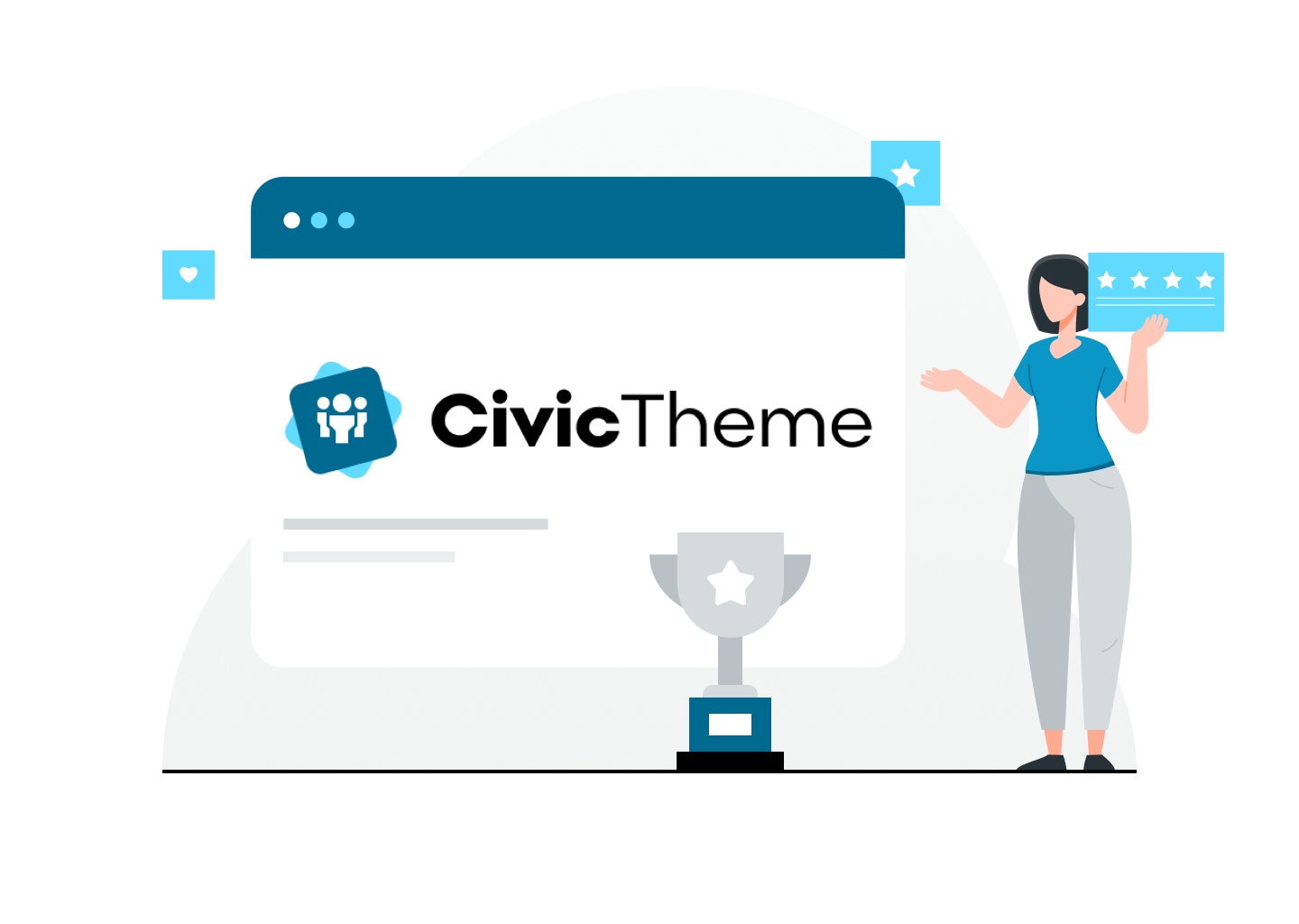 Illustration of a person holding a five-star rating card beside a browser window showing the CivicTheme logo and a trophy