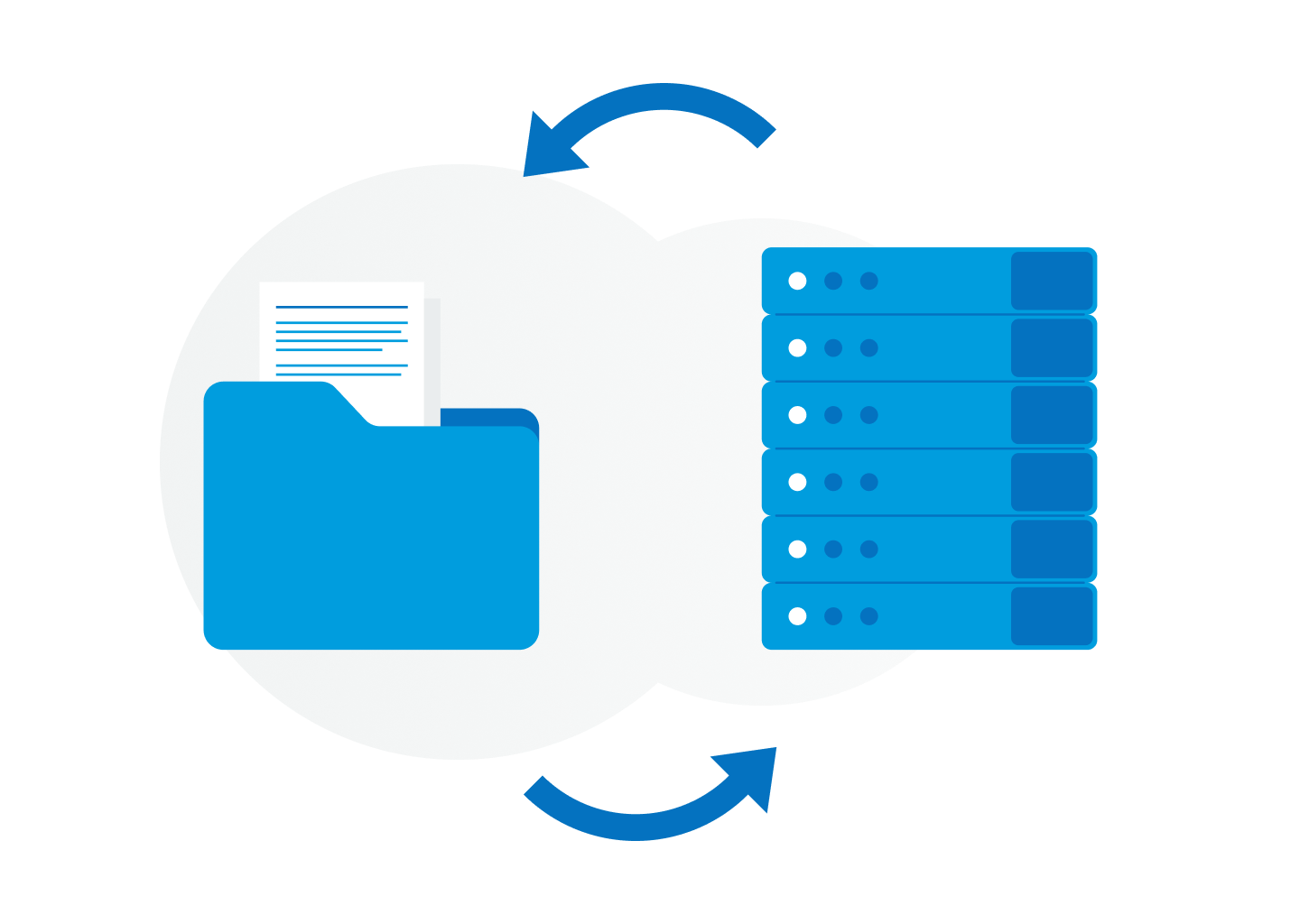 Illustration of a document folder connected by arrows to a stack of servers, representing content migration