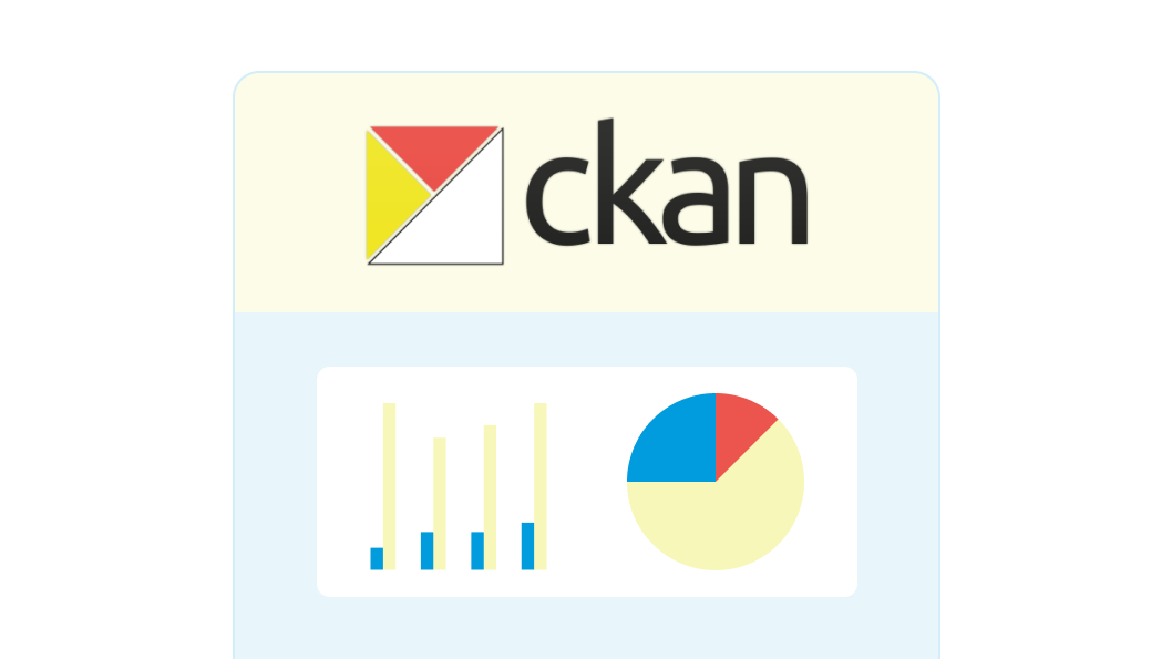 CKAN logo above a panel showing a bar chart and a pie chart