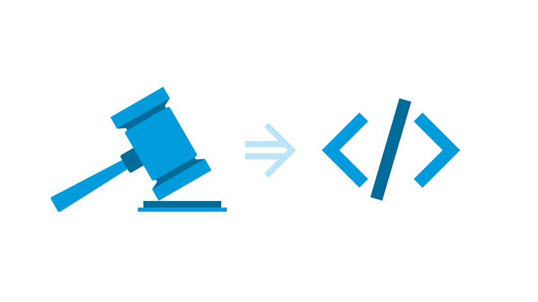 Illustration of a gavel with an arrow pointing to a code symbol, representing legislation converted into code