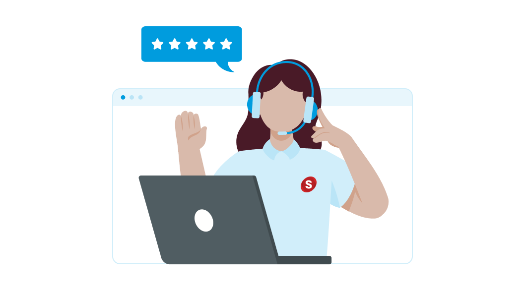 Illustration of a support agent wearing a headset at a laptop, with a five-star rating speech bubble above