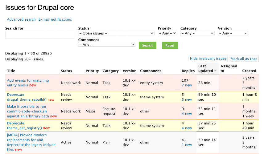 Drupal core issue queue search form with more than 20k open issues
