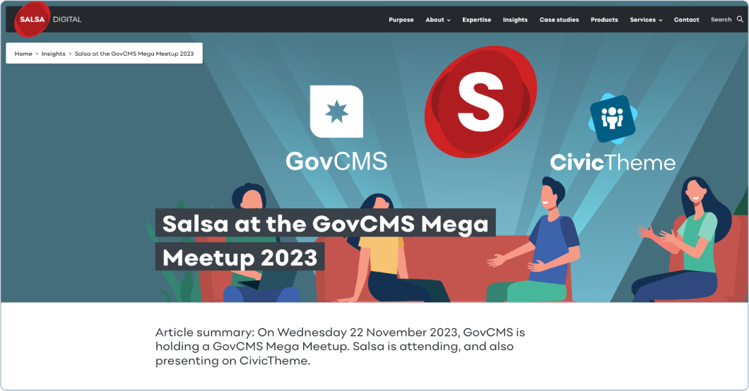 Screenshot of a Salsa website page with the breadcrumb up the top left corner of the main banner.