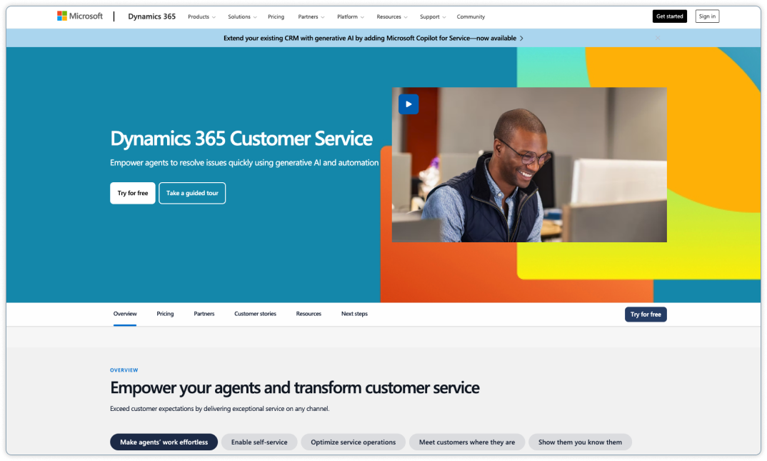 Screenshot of Microsoft Dynamics 365 Customer Service landing page