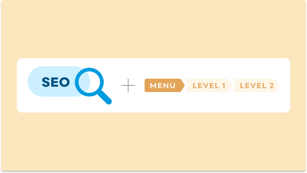 Illustration showing the SEO icon next to a breadcrumb navigation path labelled 'MENU,' 'LEVEL 1,' 'LEVEL 2,' illustrating the SEO advantages of using well-structured breadcrumbs in site design.