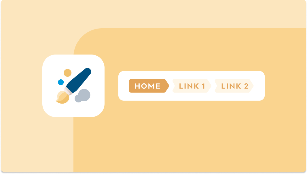 Illustration showing a paintbrush icon that represents theme customization, linked to a breadcrumb trail on a webpage mockup with the labels 'HOME,' 'LINK 1,' and 'LINK 2,' depicting the theming of breadcrumbs in Drupal.