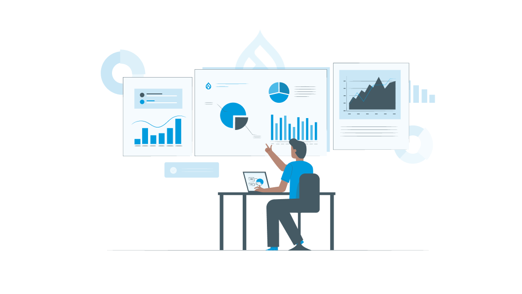 Illustration of a help desk manager sitting at a desk, looking up at multiple dashboards in front of him