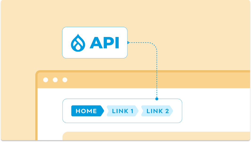 Illustration showing the Drupal Breadcrumb API symbol floating above a web browser window. Inside the window, a breadcrumb trail displays 'Home > Link 1 > Link 2' with a dotted line connecting the API icon to 'Link 1,' indicating the API's role in defining breadcrumb pathways on a website.