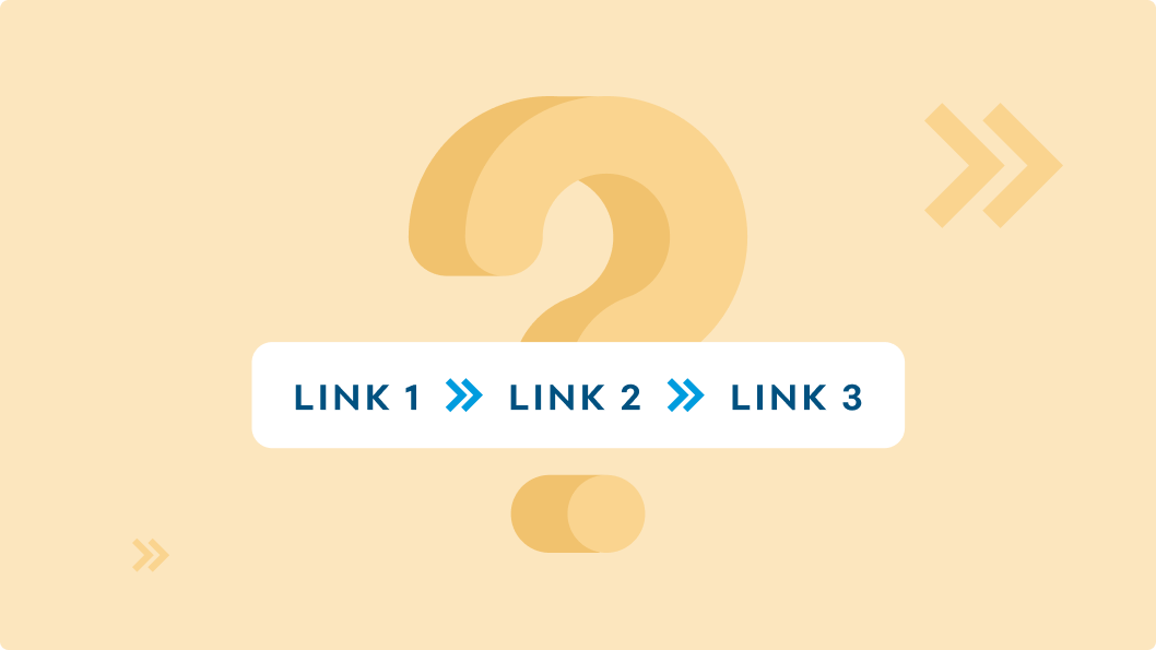 Illustration of a breadcrumb with a stylized question mark in the background and a white box in the foreground. In the white box is a breadcrumb trail of Link 1 and an arrow leading to Link 2, and an arrow pointing to Link 3