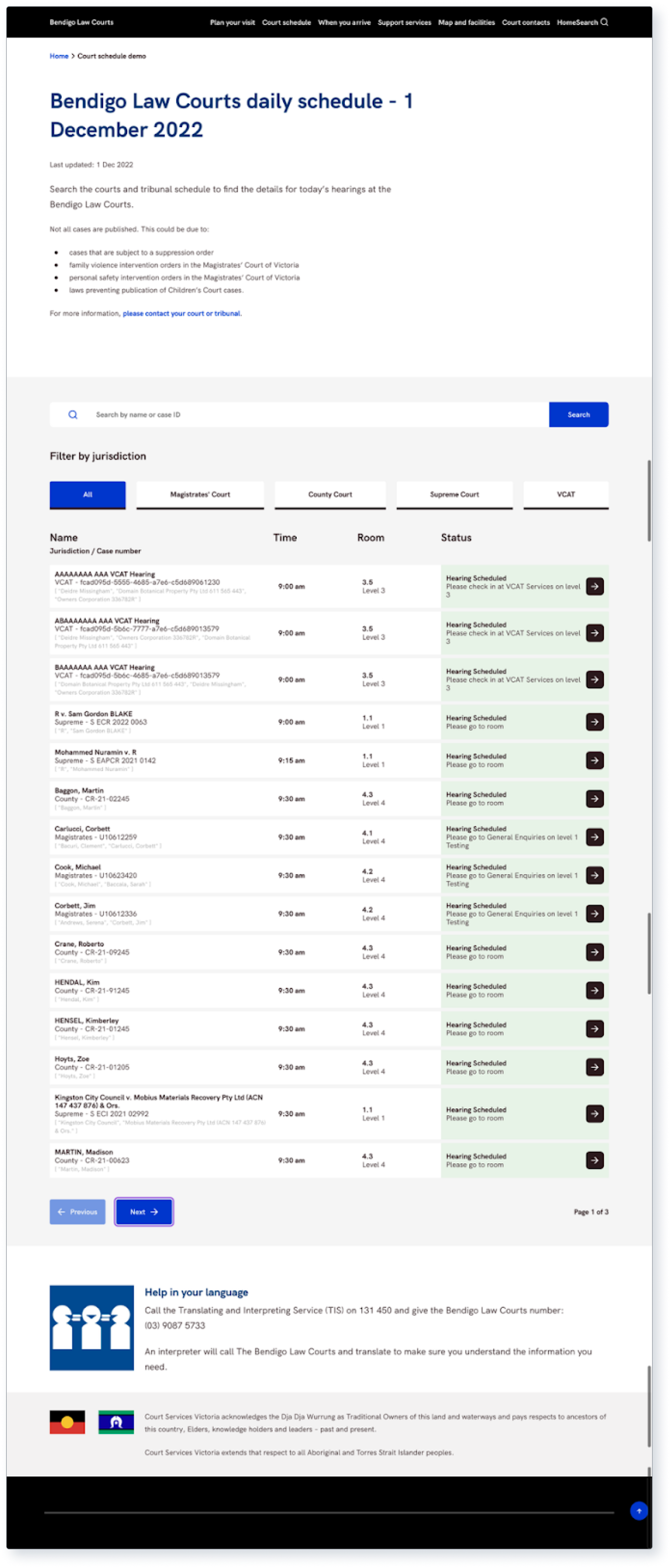 Screenshot of live daily courts schedule