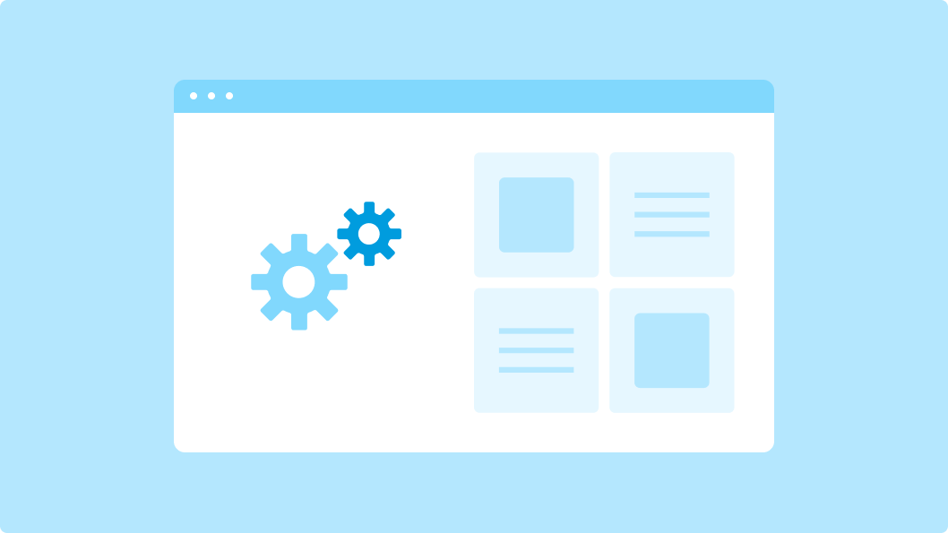 Illustration showing theme settings and configuration options in Drupal. A window displays gears symbolising configuration, alongside various content blocks representing different theme settings and customisation choices