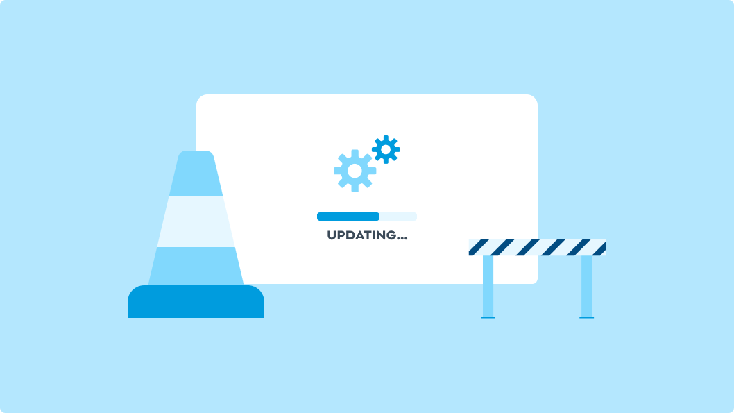 Illustration representing the process of updating and maintaining custom Drupal themes, featuring a progress bar with gears above the word ‘Updating.’ A traffic cone and barricade symbolise the maintenance aspect of theme updates.