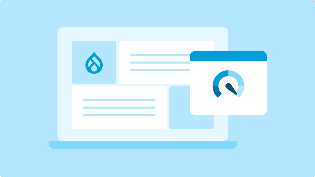 Illustration of a laptop displaying a Drupal-themed interface with a performance gauge overlay. The image symbolises optimising Drupal themes for better performance and speed