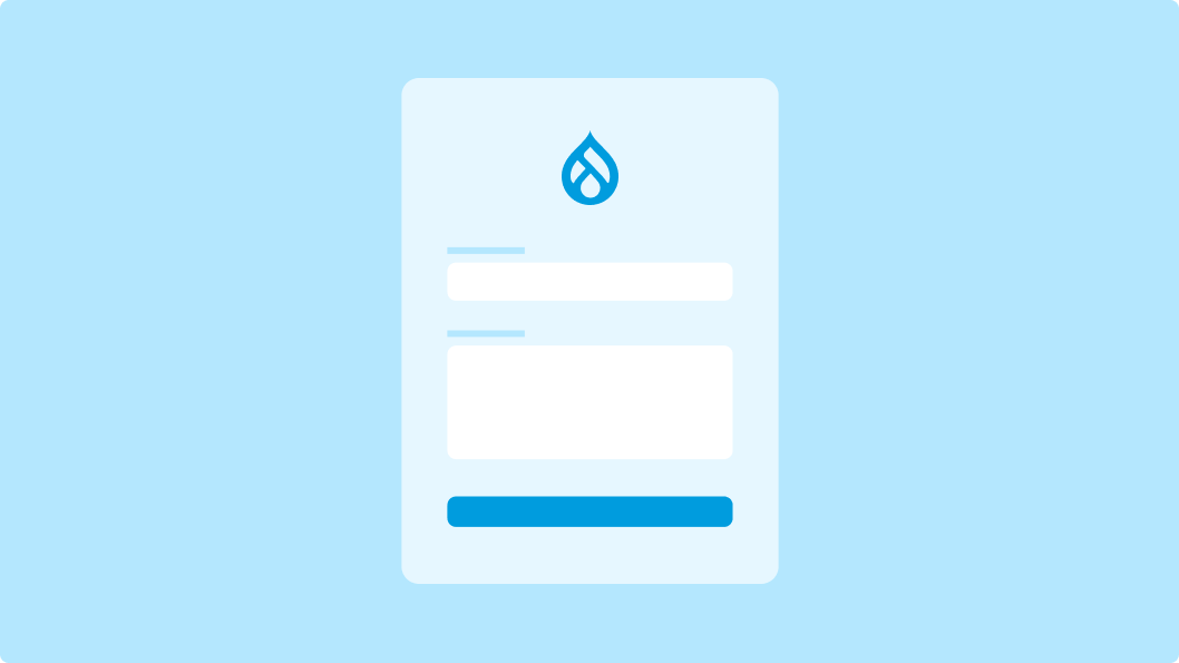 Illustration showing theming forms in Drupal, with a form containing input fields and a submit button. The form is styled under the Drupal logo, representing customisation of form appearance within a Drupal theme