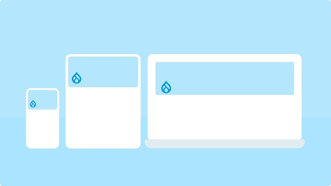 Illustration demonstrating responsive design in Drupal themes, with three devices of different sizes: a smartphone, tablet, and laptop. Each device displays the Drupal logo in a consistent layout, symbolising adaptability across screen sizes.