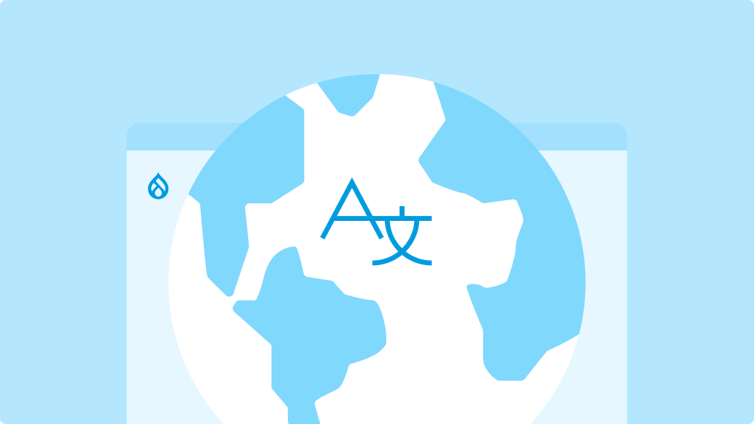 Illustration representing multilingual theming for Drupal sites, featuring a globe with a language symbol at the centre. The Drupal logo is shown in the corner, highlighting globalisation and the ability to support multiple languages within themes.