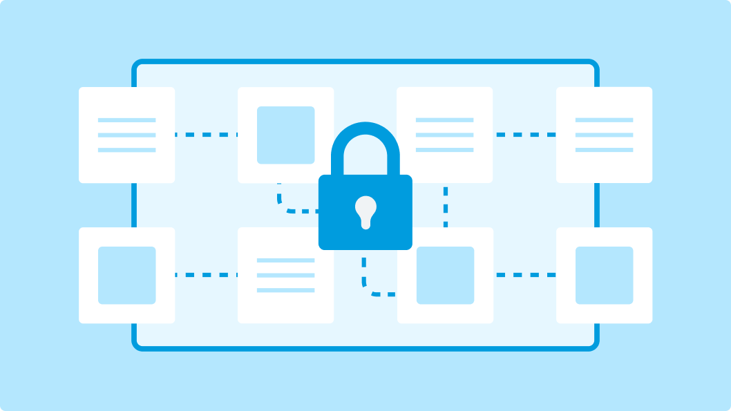 Illustration depicting security considerations in Drupal theming, with a central padlock symbolising protection. The lock is connected to various content blocks, representing the need to secure different elements within a Drupal theme.