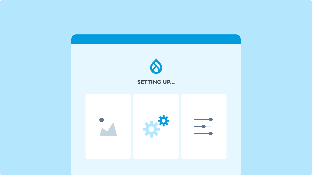 Illustration of the Drupal logo above three setup icons, representing the process of configuring a Drupal development environment. The icons include an image placeholder, gears for settings, and sliders for customisation, with the text ‘Setting Up’ below the logo.