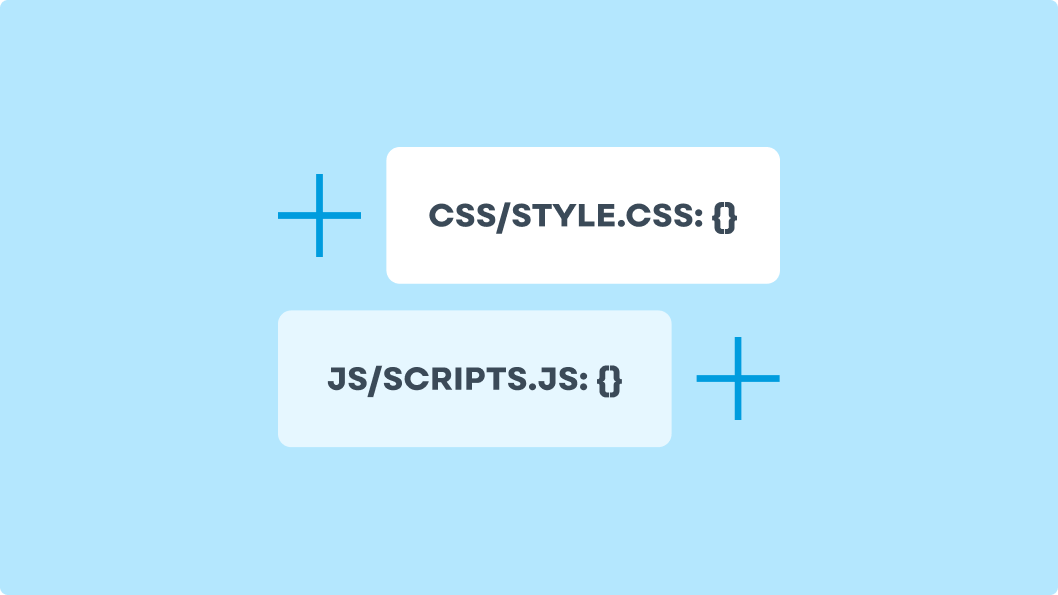 Illustration showing the process of adding CSS and JavaScript files to Drupal themes. It features two file paths, ‘CSS/style.css’ and ‘JS/scripts.js,’ each accompanied by curly braces and plus icons, symbolising the integration of these files into a Drupal theme.