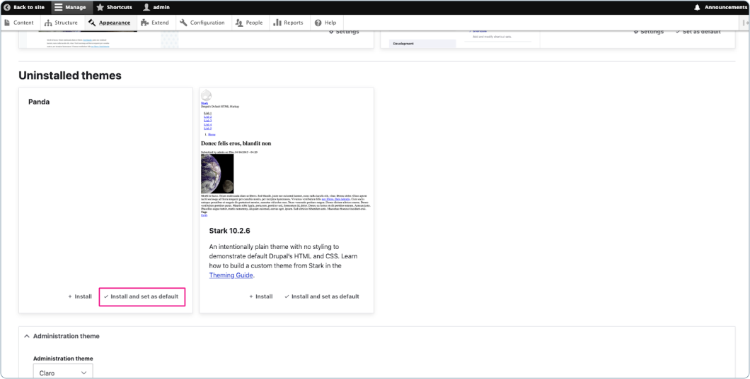 Screenshot of the Drupal admin page showing the Appearance tab with options to install and uninstall custom themes. Two themes are displayed under ‘Uninstalled themes’—Panda and Stark 10.2.6—each with options to ‘Install’ or ‘Install and set as default.’