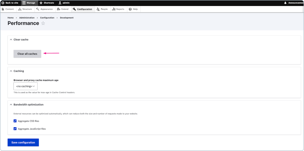 Screenshot of the Drupal admin performance page showing options for clearing caches. The page highlights a ‘Clear all caches’ button, caching settings, and bandwidth optimisation options with checkboxes to aggregate CSS and JavaScript files, along with a ‘Save configuration’ button at the bottom