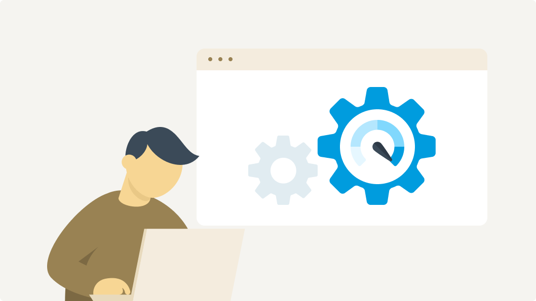 Illustration showing a person working on a laptop with gears and a performance gauge on the screen, symbolising how Drupal is used for managing complex and high-traffic websites.