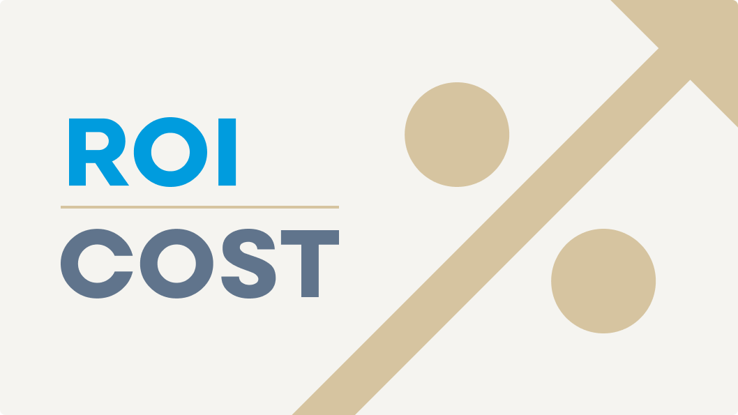 Illustration highlighting the ROI and cost considerations for businesses implementing Drupal. The image shows the words ‘ROI’ and ‘Cost’ with a large percentage symbol, symbolising the relationship between investment returns and expenses associated with Drupal deployment.