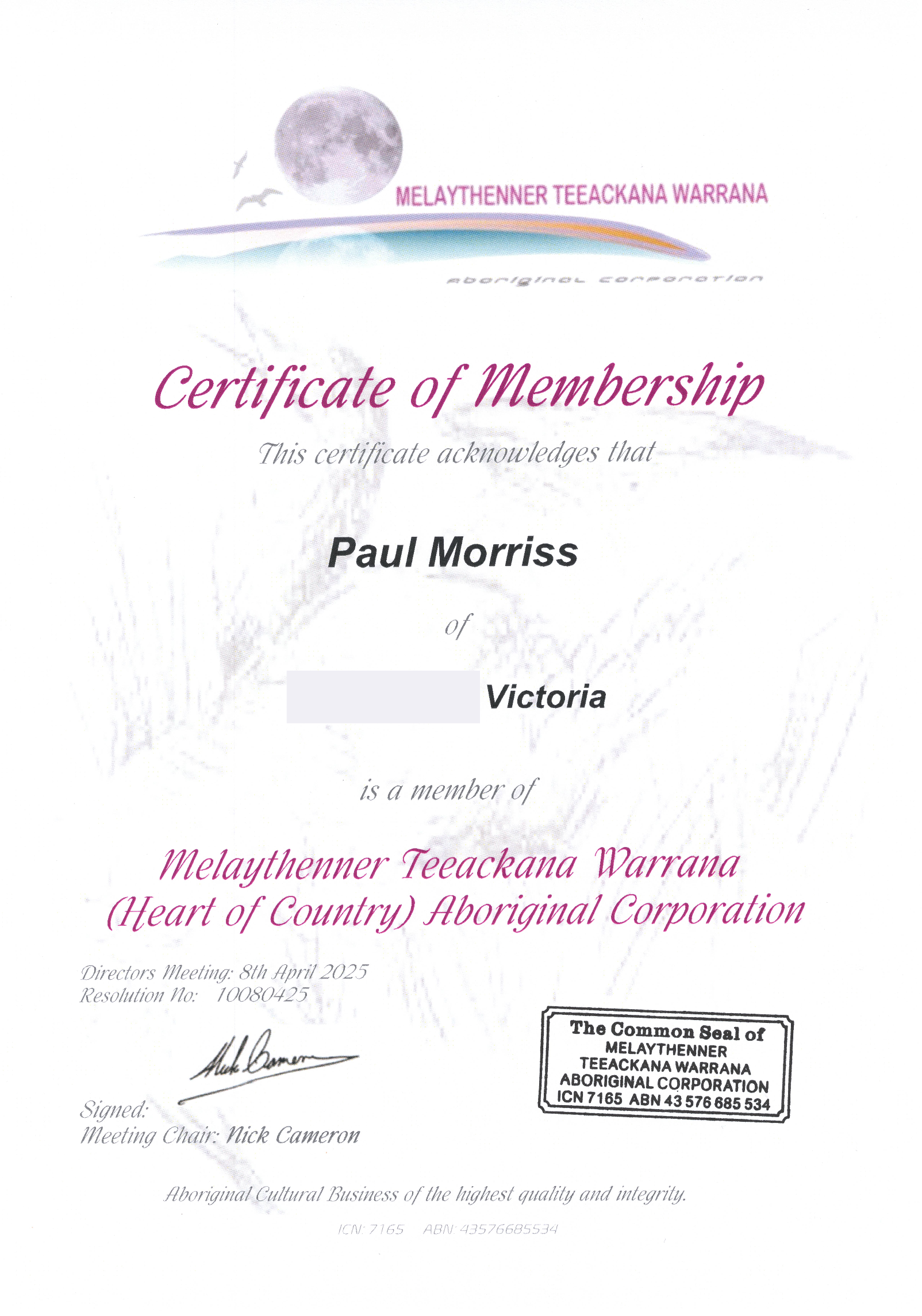 Paul Morriss Certificate of membership in Melaythenner Teeackana Warrana Aboriginal Corporation