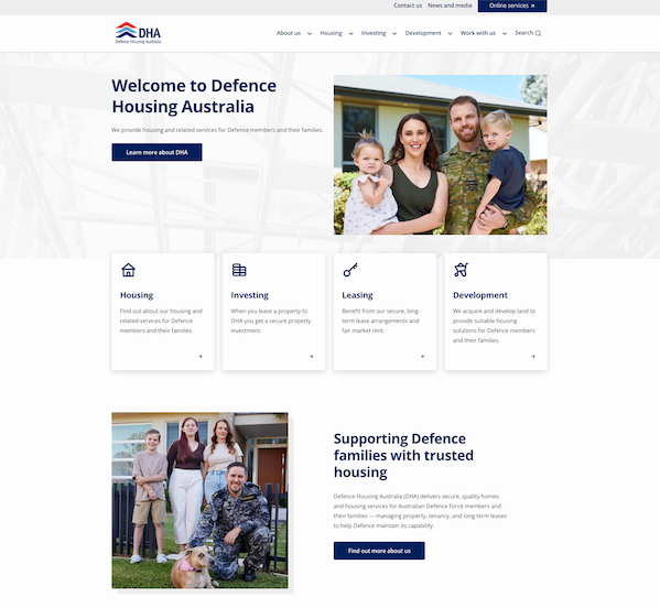 Screenshot of top section of DHA's homepage