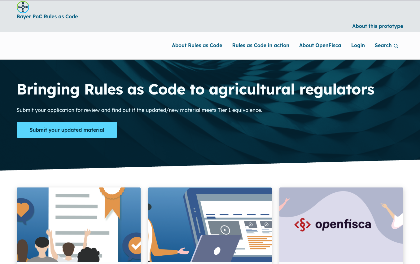 Bayer - Bringing Rules as Code to agricultural regulators Screenshot of the Bayer Rules as Code prototype website. The homepage banner reads 'Bringing Rules as Code to agricultural regulators' with a button to submit updated material for review against Tier 1 equivalence. The navigation links cover Rules as Code and OpenFisca, and three cards below feature the prototype's key sections.