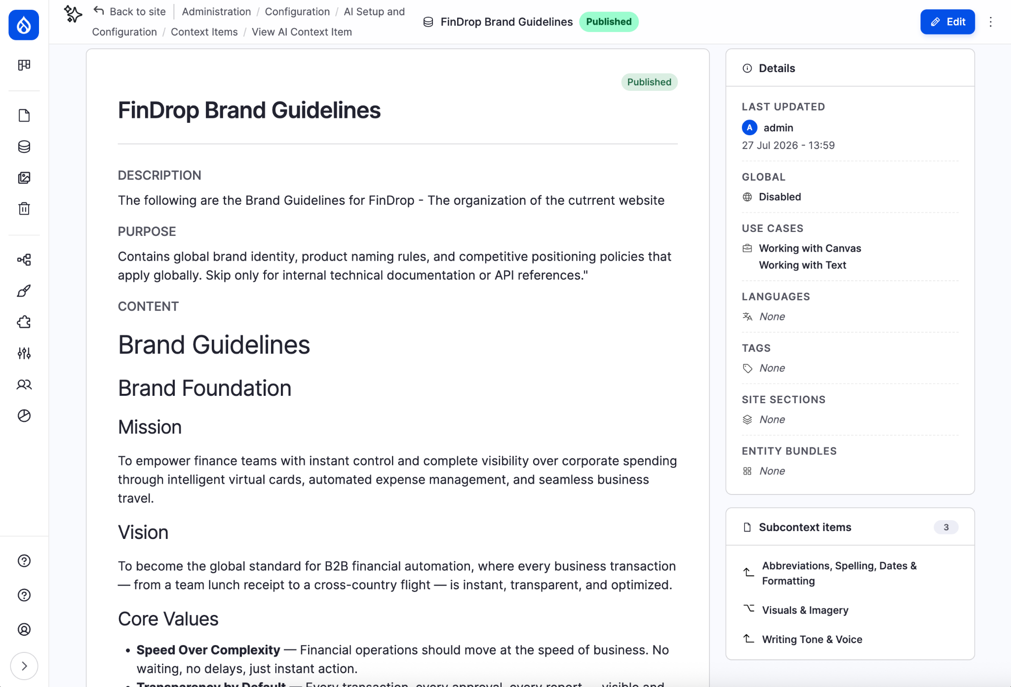 Screenshot of the 'FinDrop Brand Guidelines' context item view page, showing its description, purpose and rendered brand guidelines content beside a sidebar listing when it was last updated, its global status, use cases, languages, tags, site sections, entity bundles and three subcontext items. It represents the redesigned full item view, where a context item's scope and its child items are visible in one place.